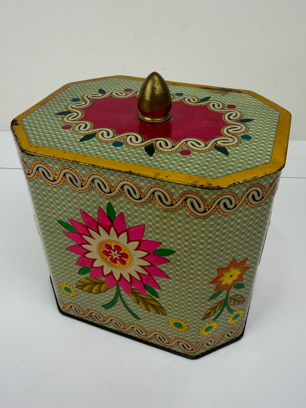 Vintage S.L.K. Floral Tin Canister Storage Box Octagonal Lidded